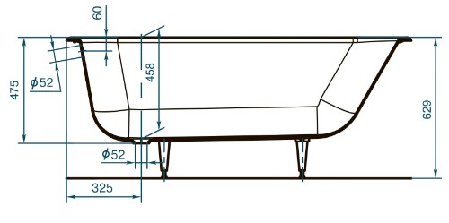 Схема чугунной ванны Ностальжи 170x75, разрез, вид сбоку, чертеж, Завод Универсал